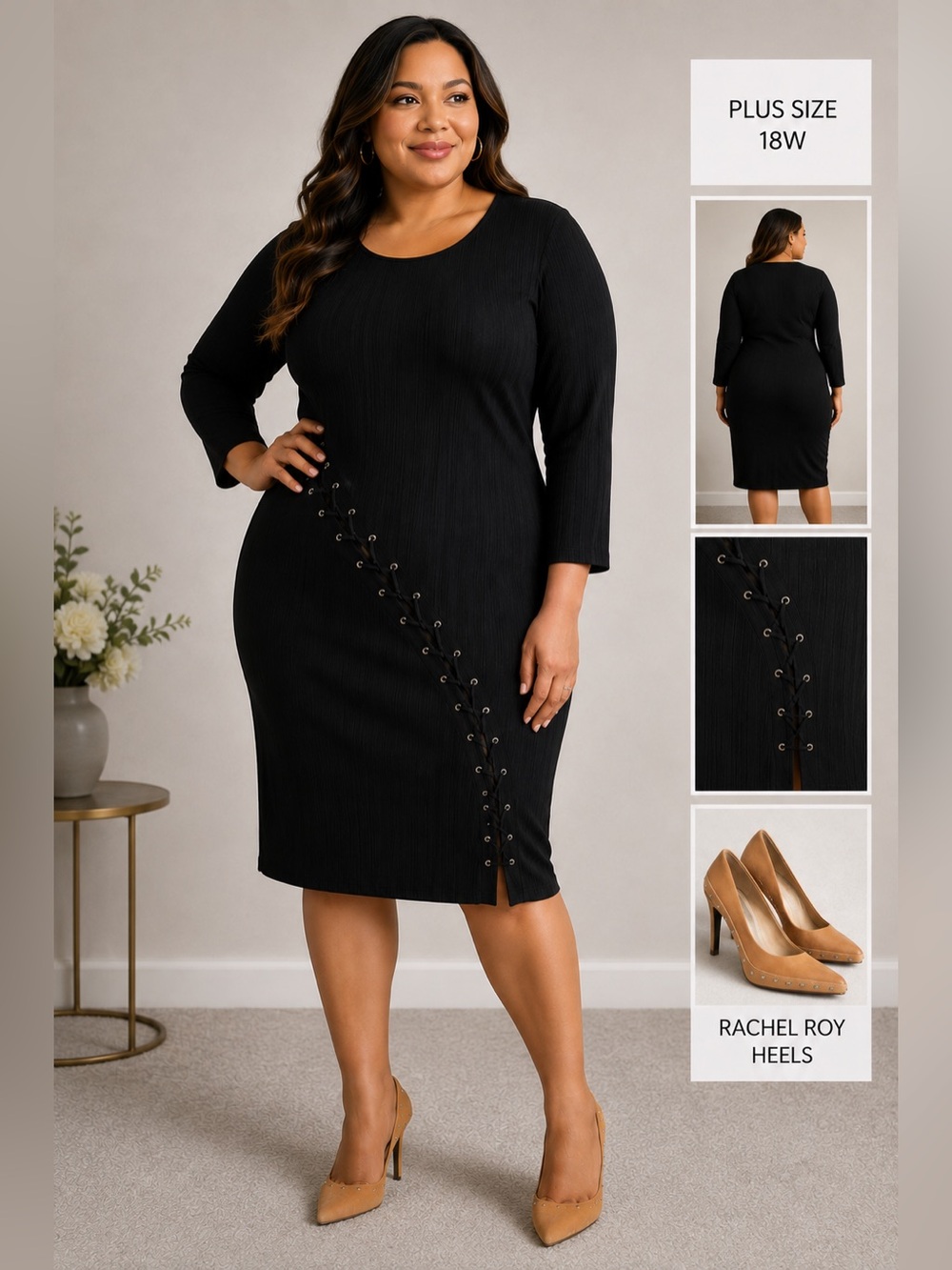Rachel Roy Plus Size Black Lace-Up Detail Midi Dress 18W NWT